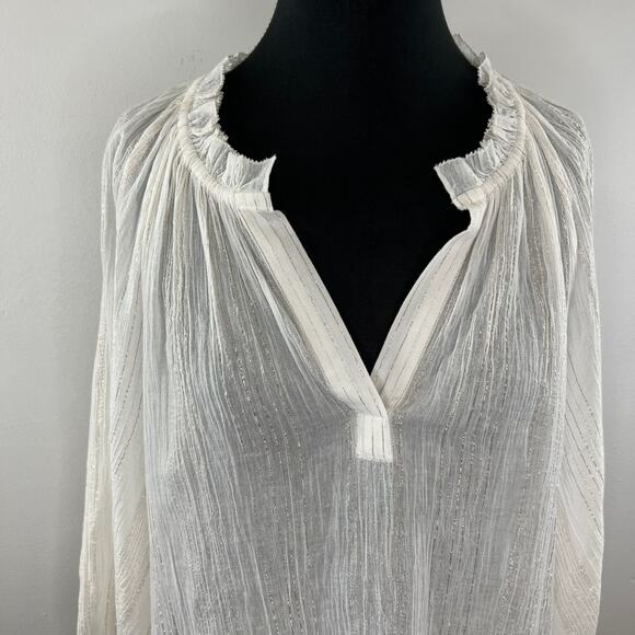 JOIE Elza White Metallic Gold Stripe Cotton Blouse V-Neck Ruffles Sheer Top S SM - Picture 3 of 9
